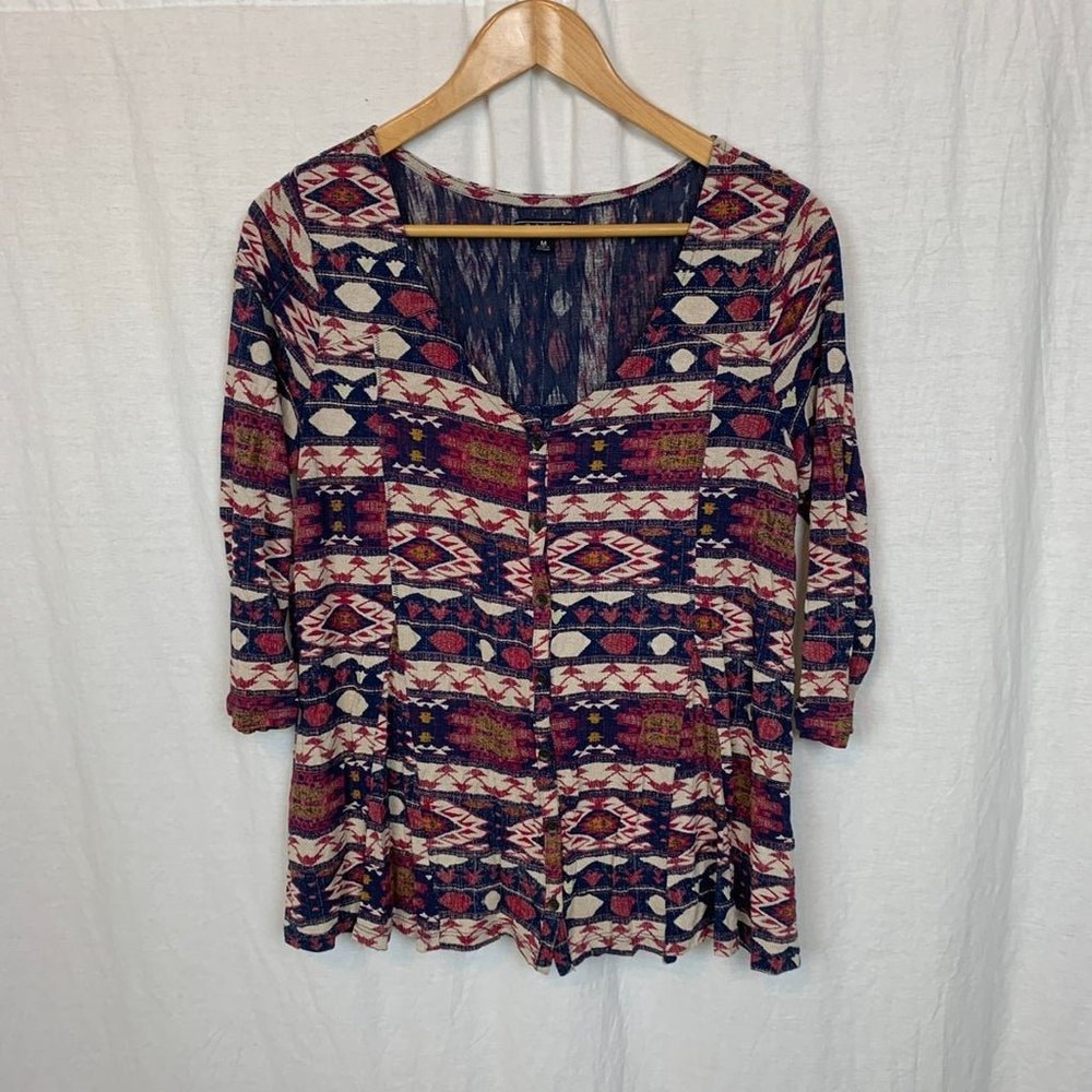 Lucky Brand Women's Aztec Tribal Print 3/4 Sleeve Top V Neck Shirt
